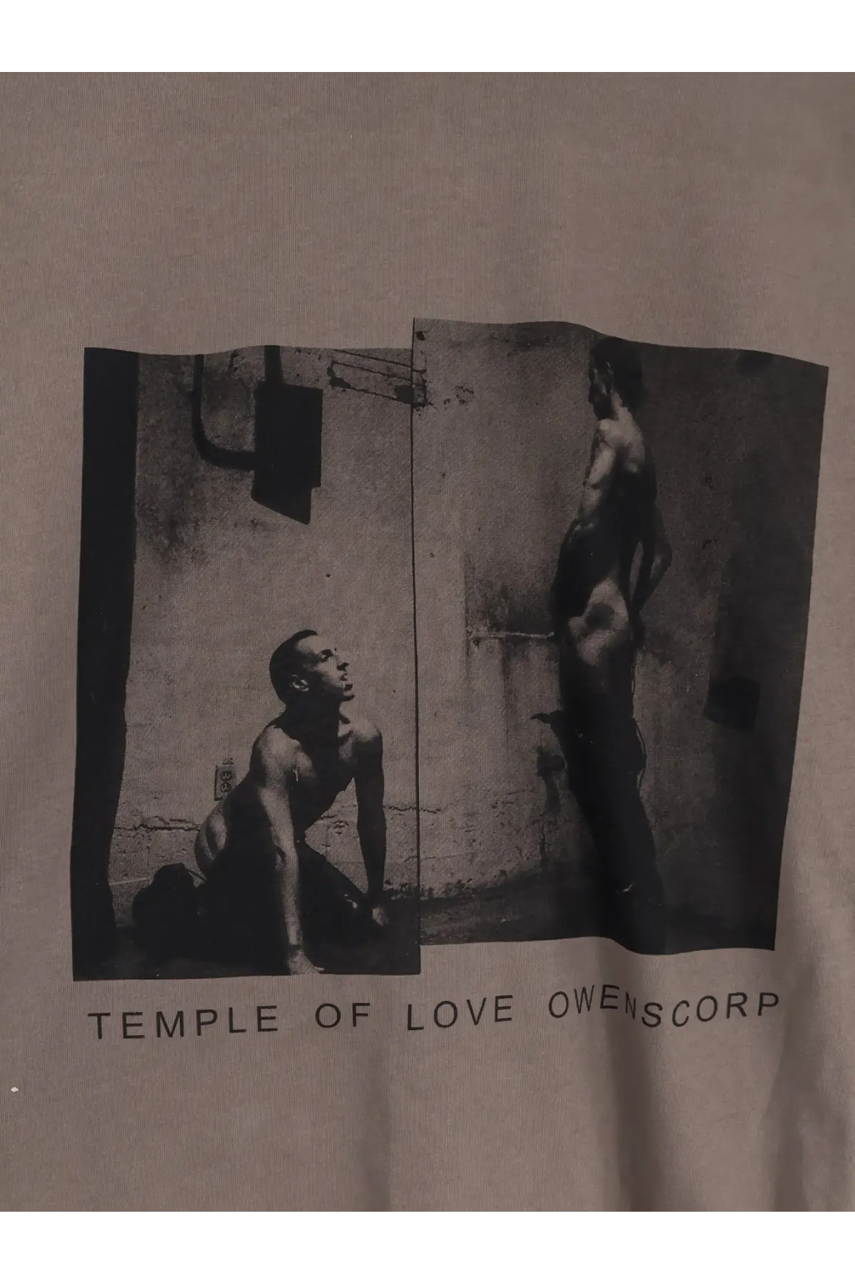 Beige cotton t-shirt with black and white urban photo print and temple of love owenscorp text by drkshdw men