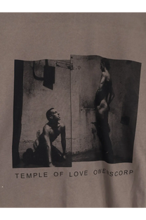 Beige cotton t-shirt with black and white urban photo print and temple of love owenscorp text by drkshdw men