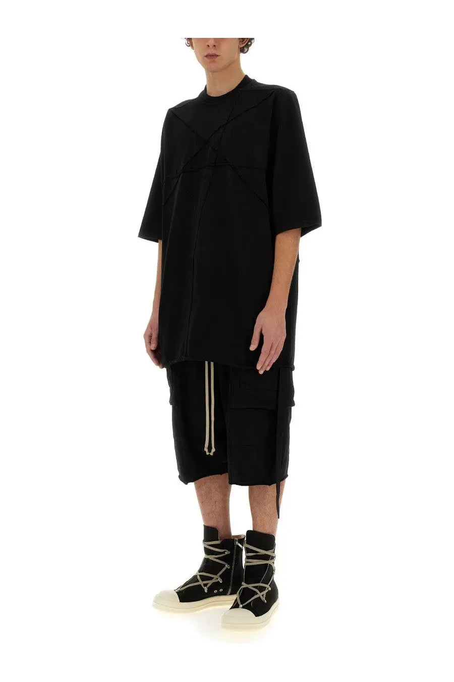 Black oversized short-sleeved cotton t-shirt for men by DRKSHDW with asymmetrical seam detailing visible from the back