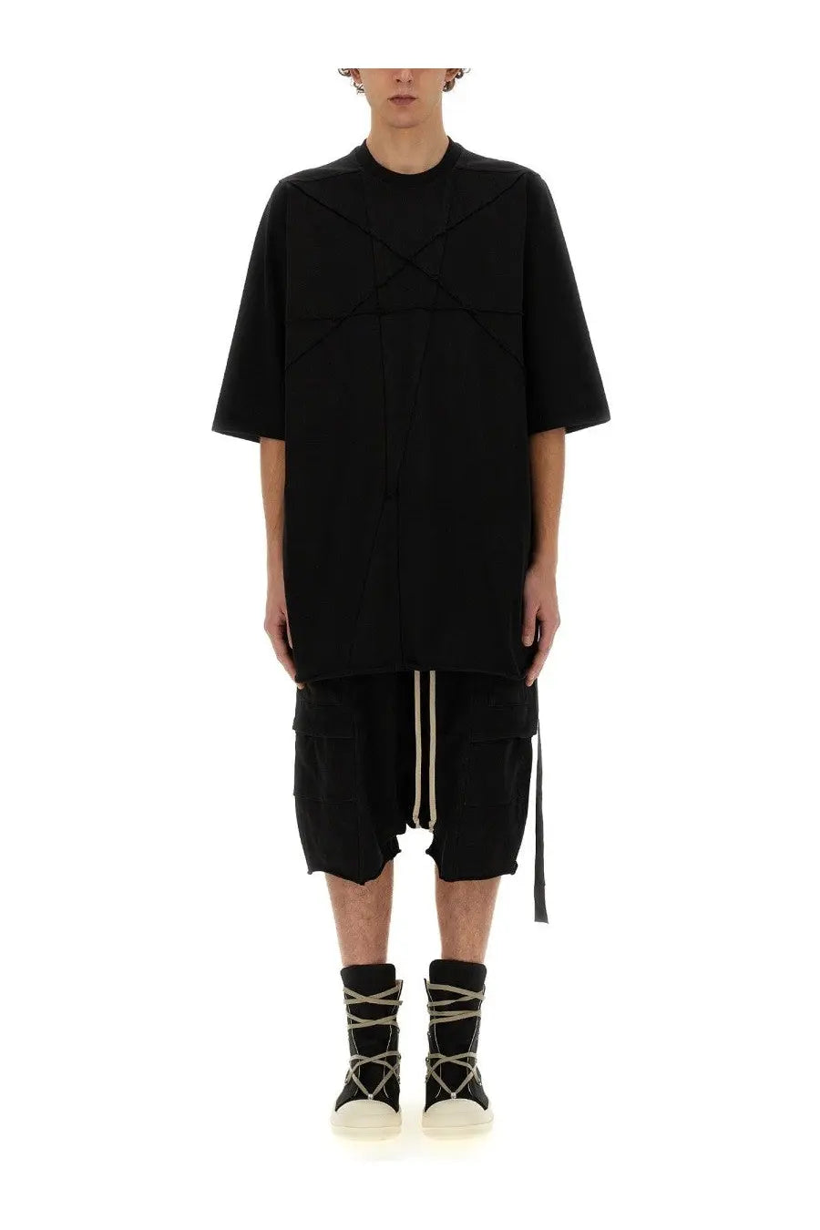 Black oversized cotton t-shirt for men by DRKSHDW featuring geometric paneling and asymmetrical front seam