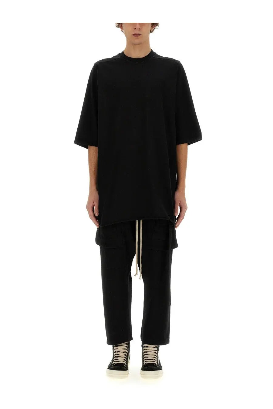 Drkshdw men’s black cotton oversized t-shirt with relaxed asymmetrical hemline front view
