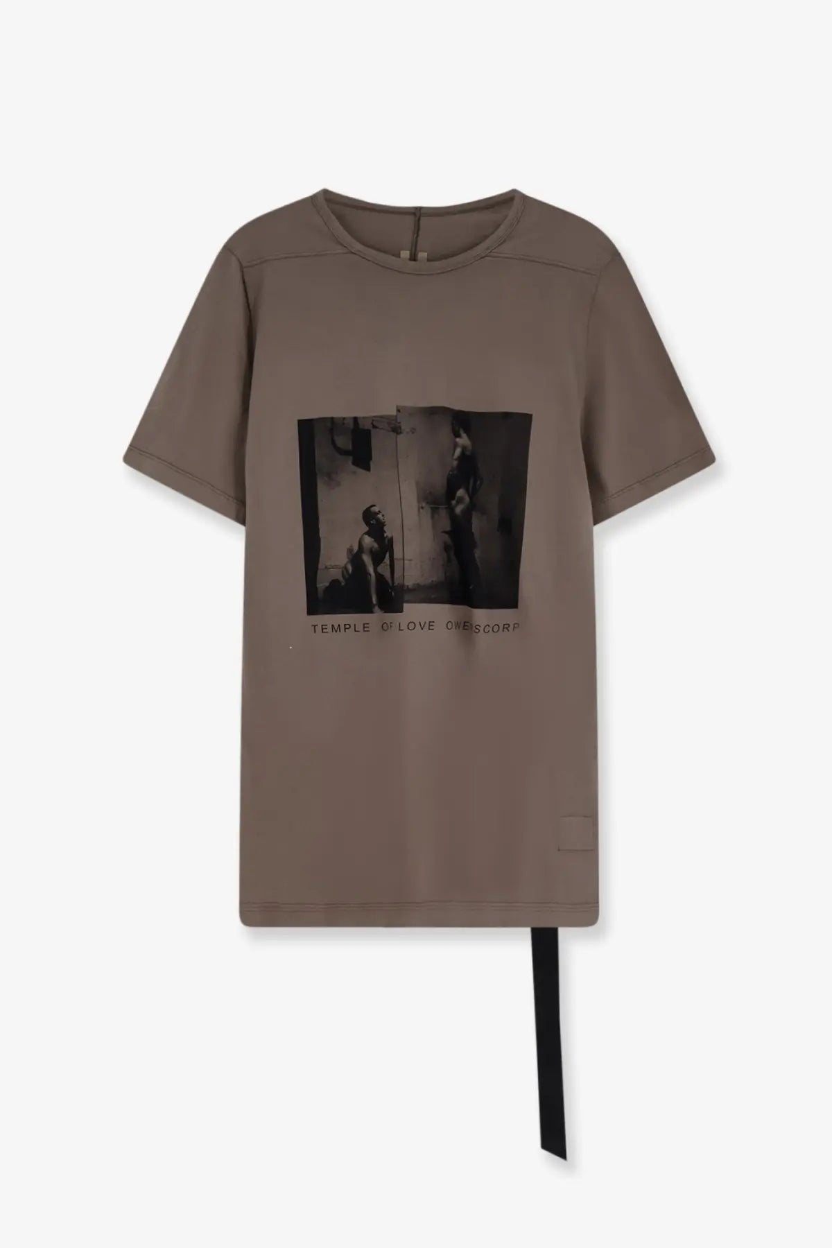 Drkshdw men’s cotton taupe short-sleeved t-shirt with black-and-white alleyway print and temple i love one scorp text