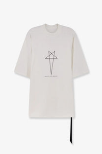Off-white oversized cotton t-shirt with black minimal inverted pentagram and sample of love paradox text by DRKSHDW