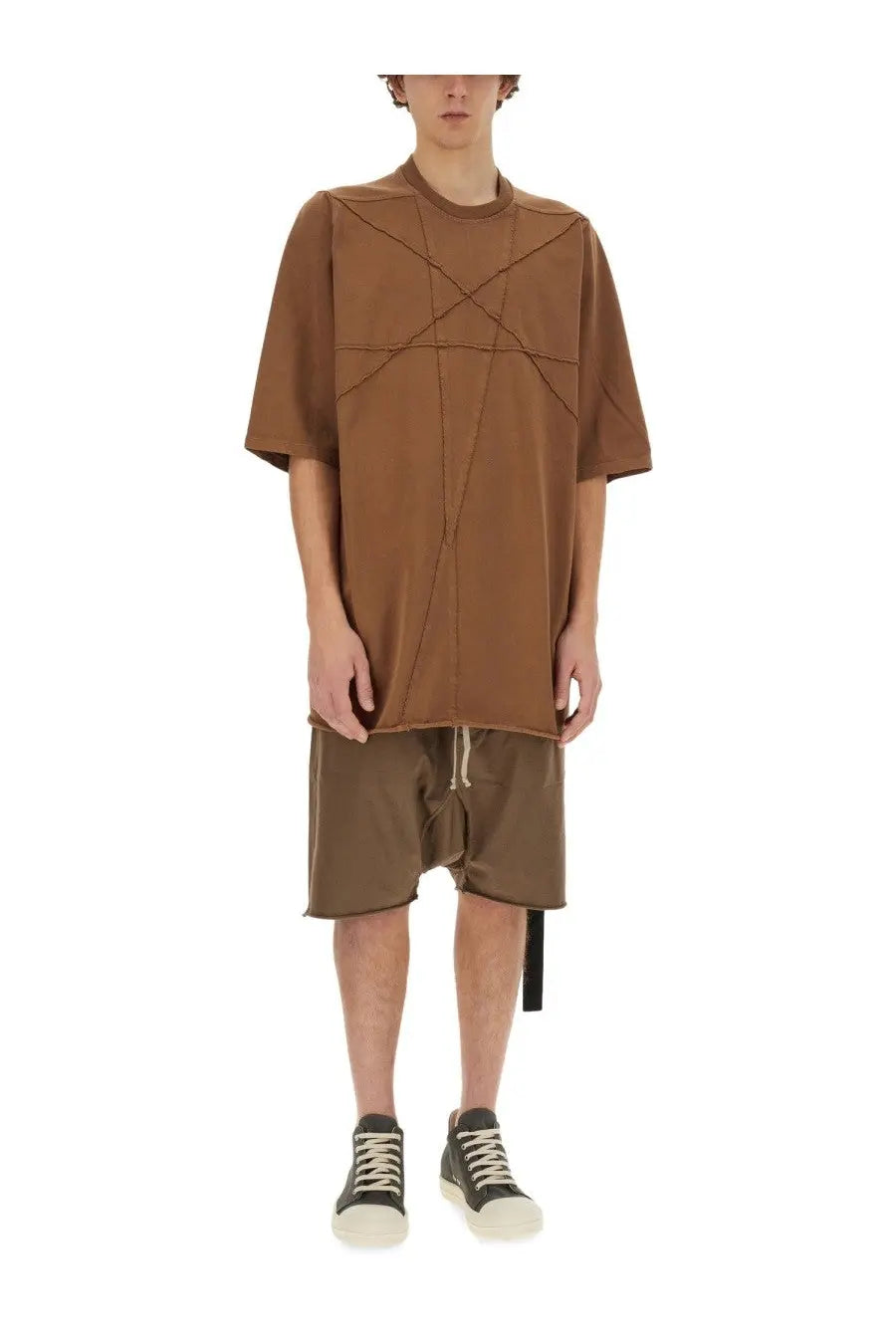 Brown oversized drkshdw men’s cotton t-shirt with geometric stitching details front view