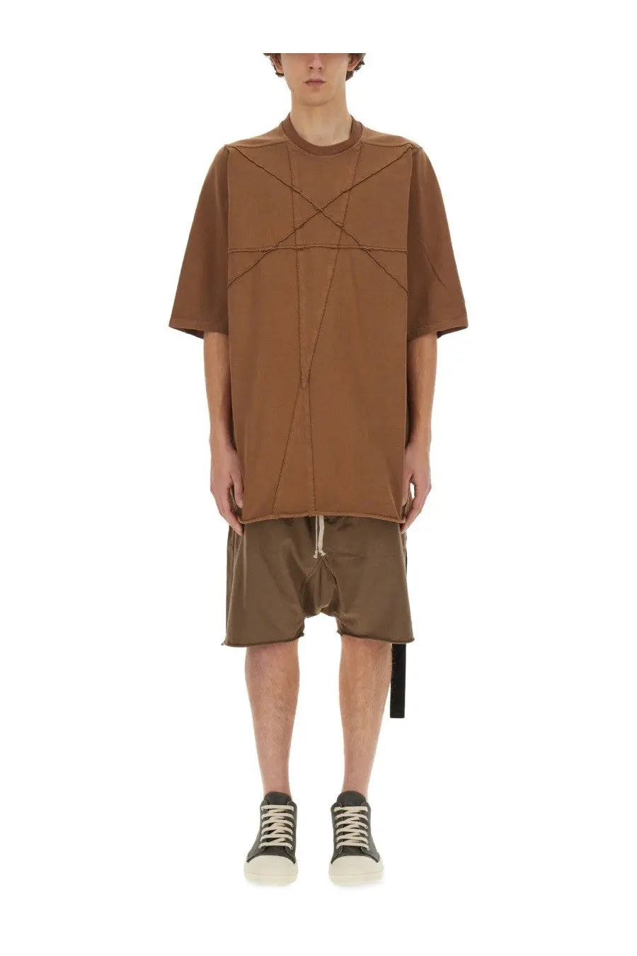 Brown oversized drkshdw men’s cotton t-shirt with geometric stitching details visible from the back side