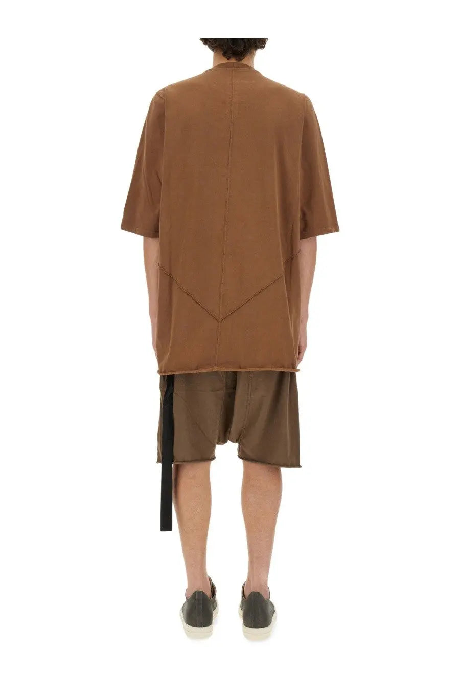 Brown drkshdw men’s cotton shirt with short sleeves asymmetrical seam and angled patchwork detail