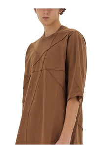 Drkshdw men’s cotton shirt brown featuring brown loose fitting t shirt with stitched geometric patterns on chest and sleeves