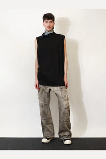 Black drkshdw men’s cotton tank top with high asymmetrical neckline and relaxed fit sleeveless design