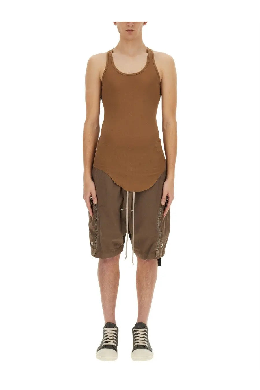Drkshdw men’s brown cotton tank top with ribbed texture and curved hemline for casual wear