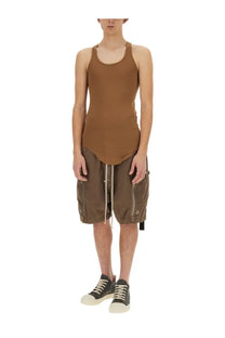 Drkshdw men’s brown cotton tank top with thin shoulder straps and curved hemline in ribbed fabric