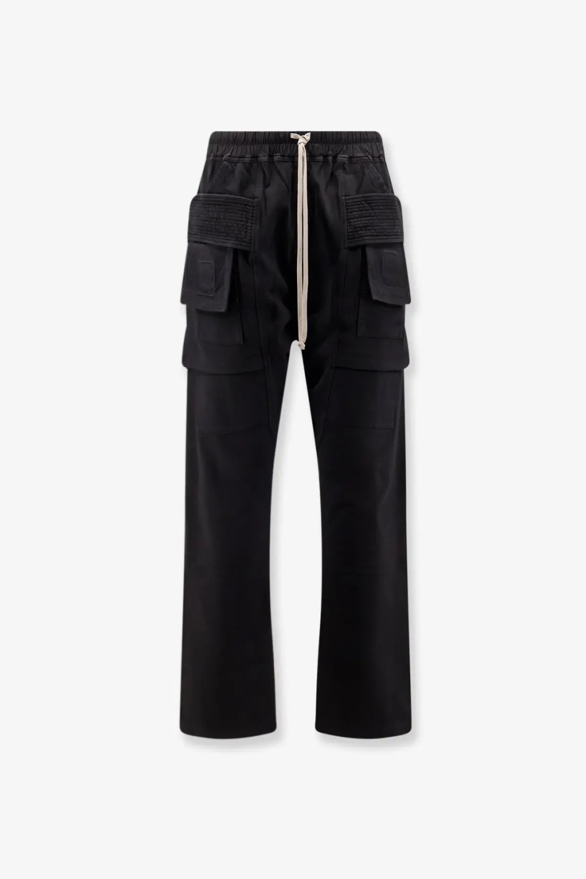 Drkshdw men’s black cotton cargo pants with drawstring waist and multiple large pockets front view