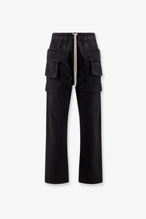Drkshdw men’s black cotton cargo pants with drawstring waist and multiple large pockets front view