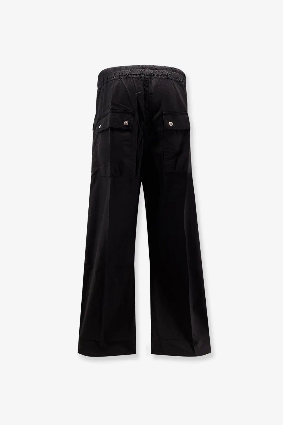 Back view of drkshdw men’s black cotton wide-leg cargo pants with elastic waistband and silver button pockets