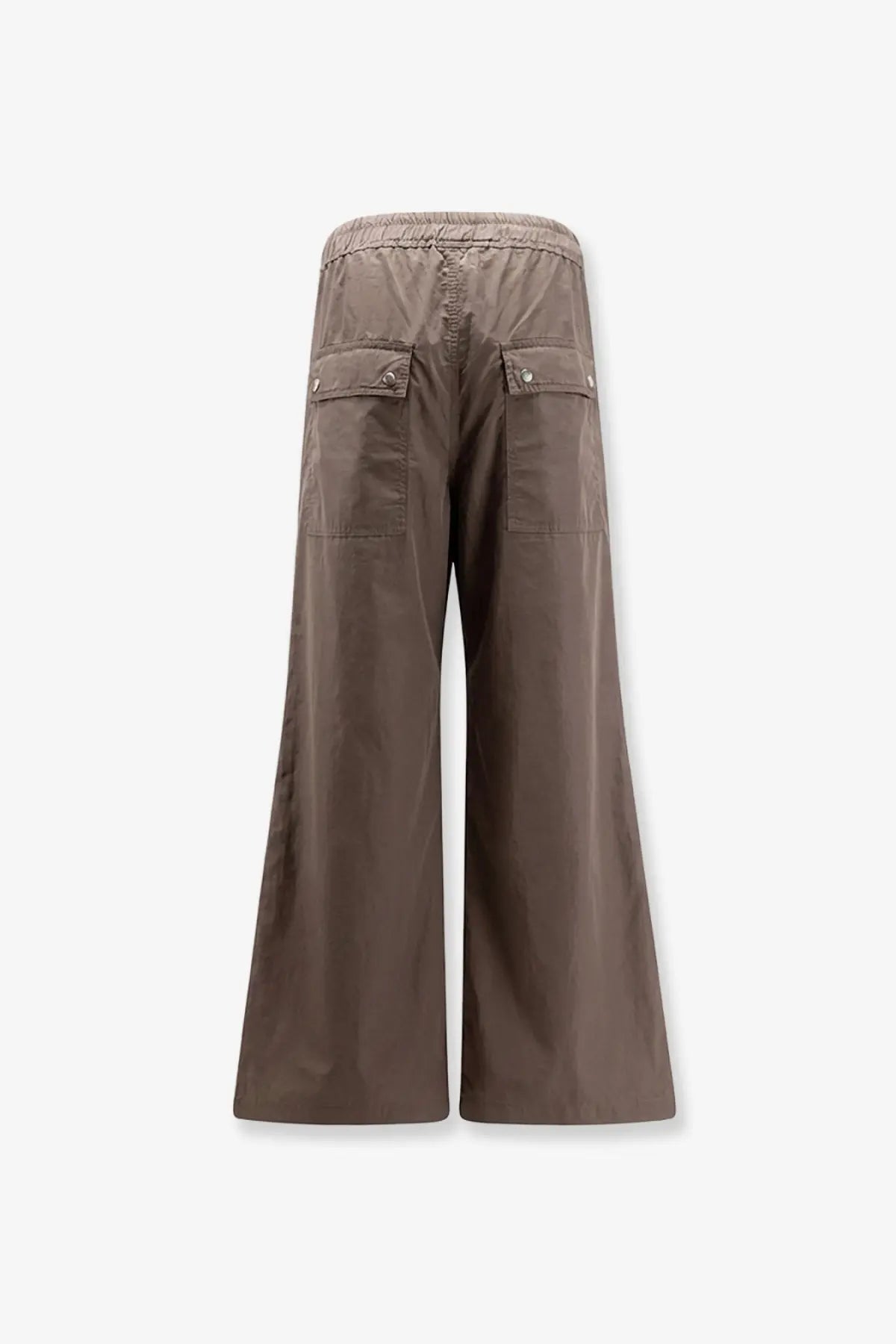 Drkshdw men’s brown cotton wide-leg trousers with elastic waistband and silver button front pockets