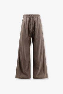 Drkshdw men’s cotton trousers grey featuring brown wide-leg pants with drawstring waist and subtle stitching details