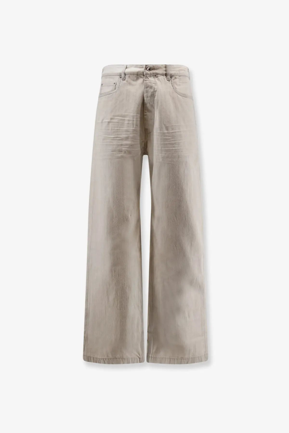 Beige wide-leg denim trousers with relaxed straight-cut silhouette and subtle fading in drkshdw men’s denim jeans white