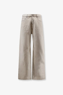 Beige wide-leg denim trousers with relaxed straight-cut silhouette and subtle fading in drkshdw men’s denim jeans white