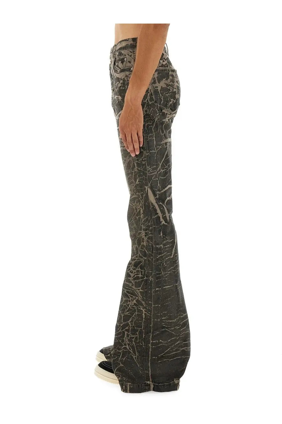 Dark gray denim flare pants with cracked marble pattern from DRKSHDW men’s denim pants black collection