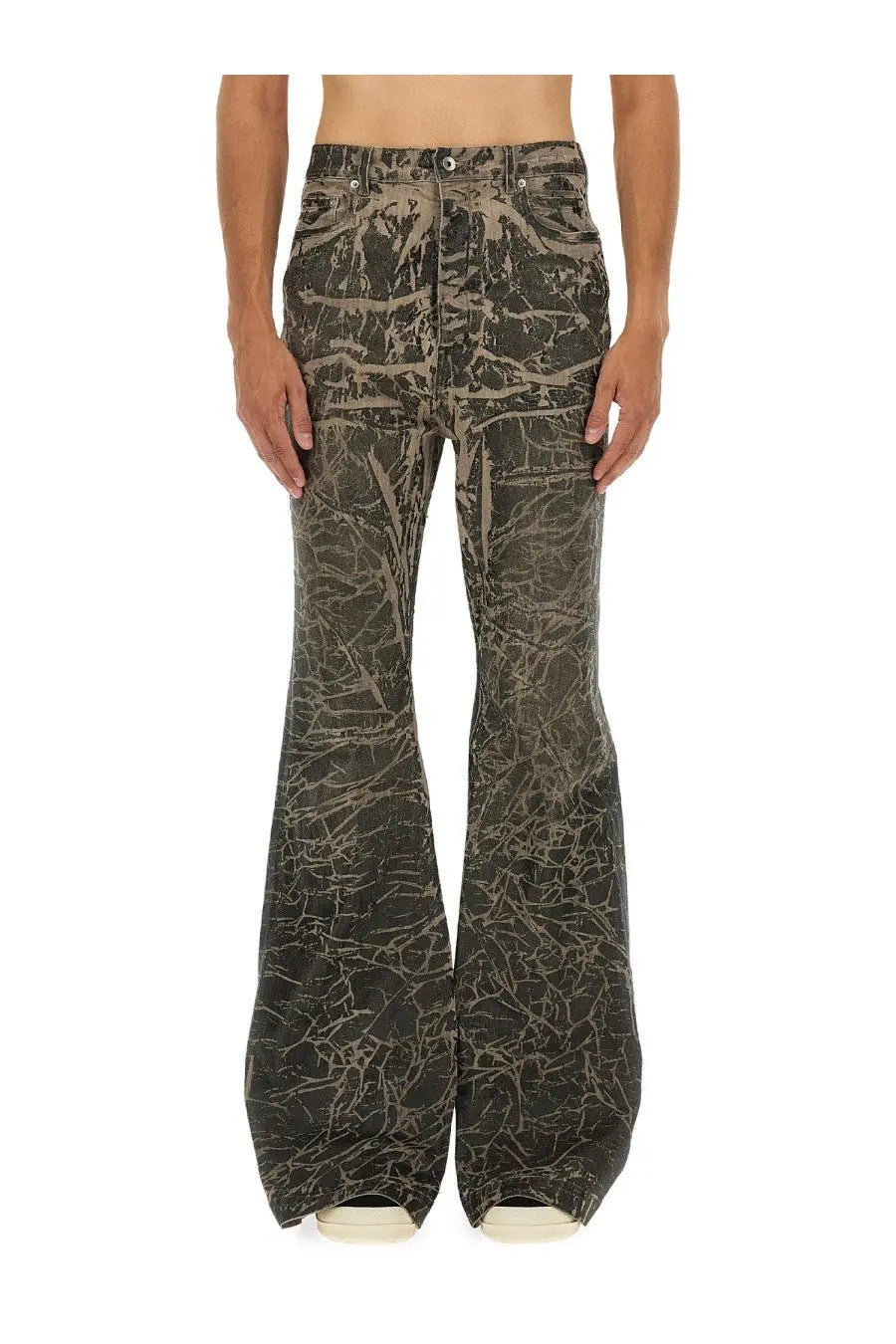 Drkshdw men’s dark gray denim pants with cracked beige marble pattern and flared leg design