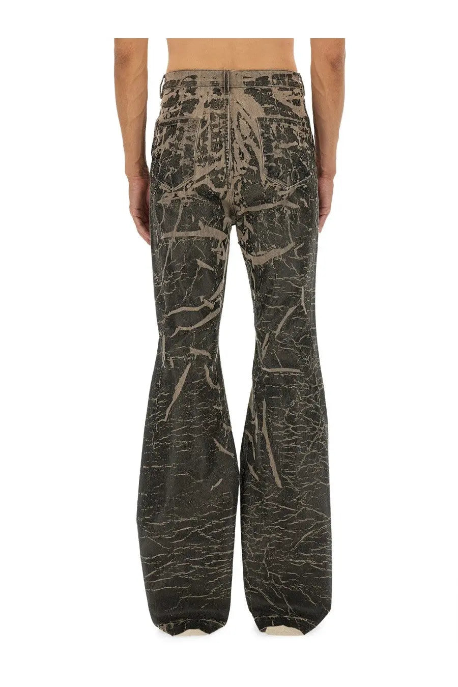 Drkshdw men’s black dark green denim flare pants with distressed abstract marbled beige and gray pattern