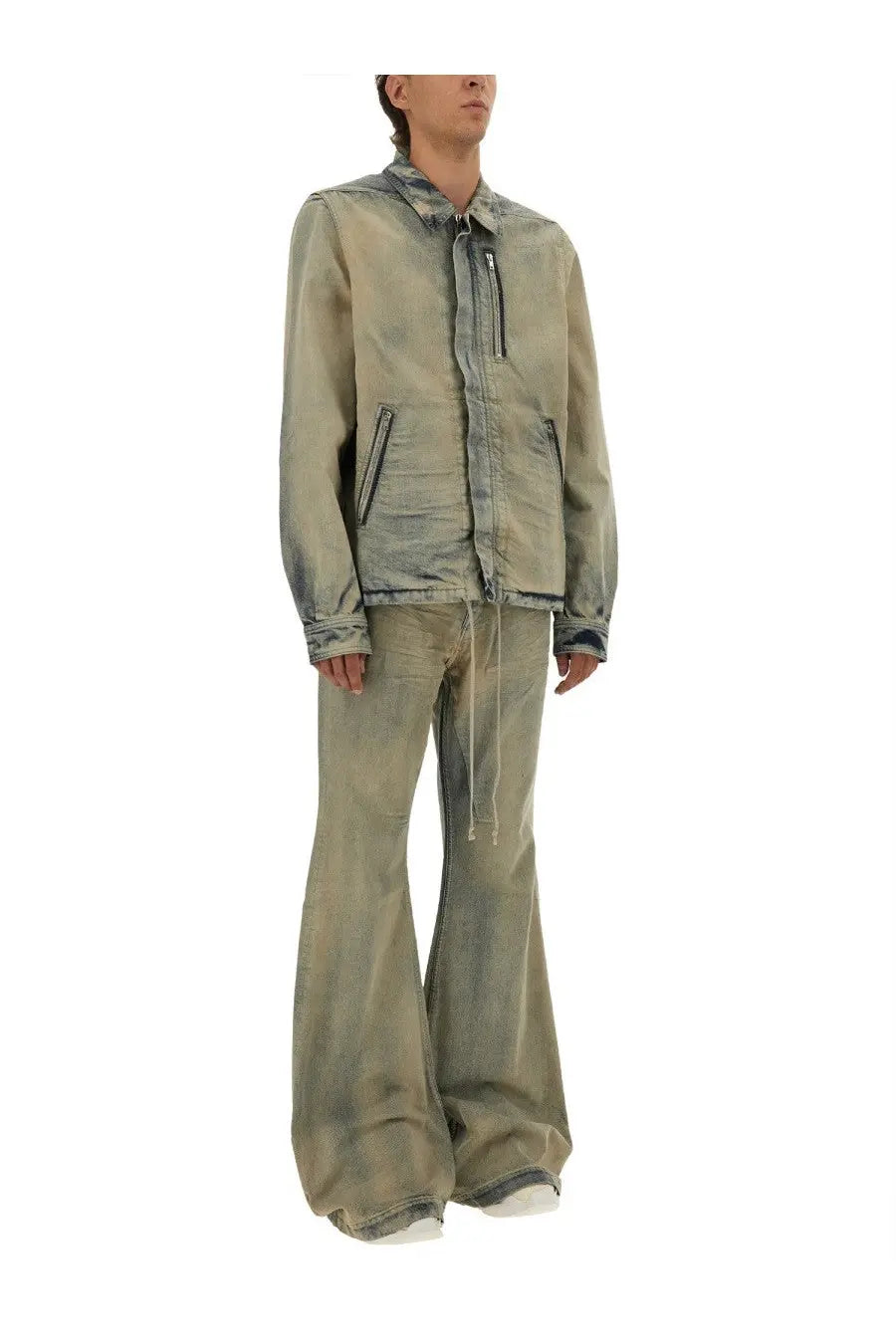 A distressed olive-green denim jacket with hood and front zipper paired with matching wide-leg pants by drkshdw men