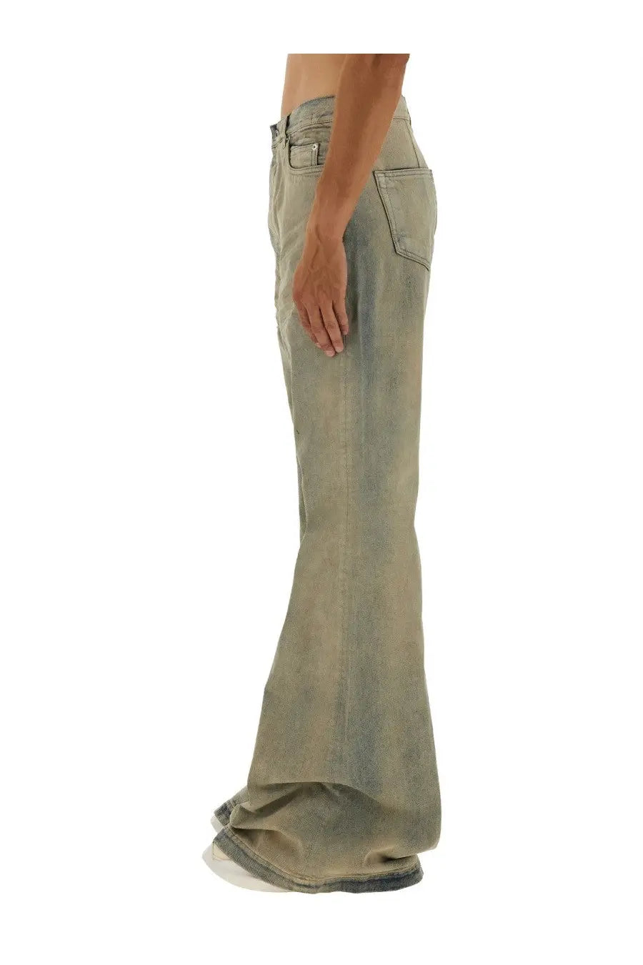 Drkshdw men’s wide-leg faded olive green denim pants with flared silhouette and visible stitching