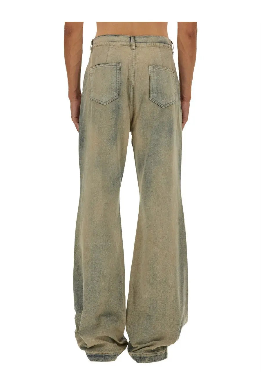 Wide-leg faded olive green denim jeans with relaxed fit and classic back pockets shown from the back side