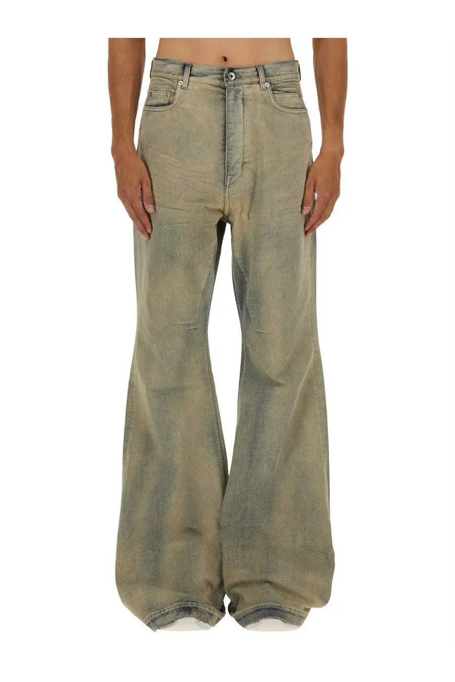 Drkshdw men’s denim pants blue featuring wide-leg faded olive green denim with relaxed fit and frayed hem