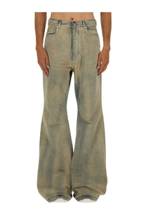 Drkshdw men’s denim pants blue featuring wide-leg faded olive green denim with relaxed fit and frayed hem