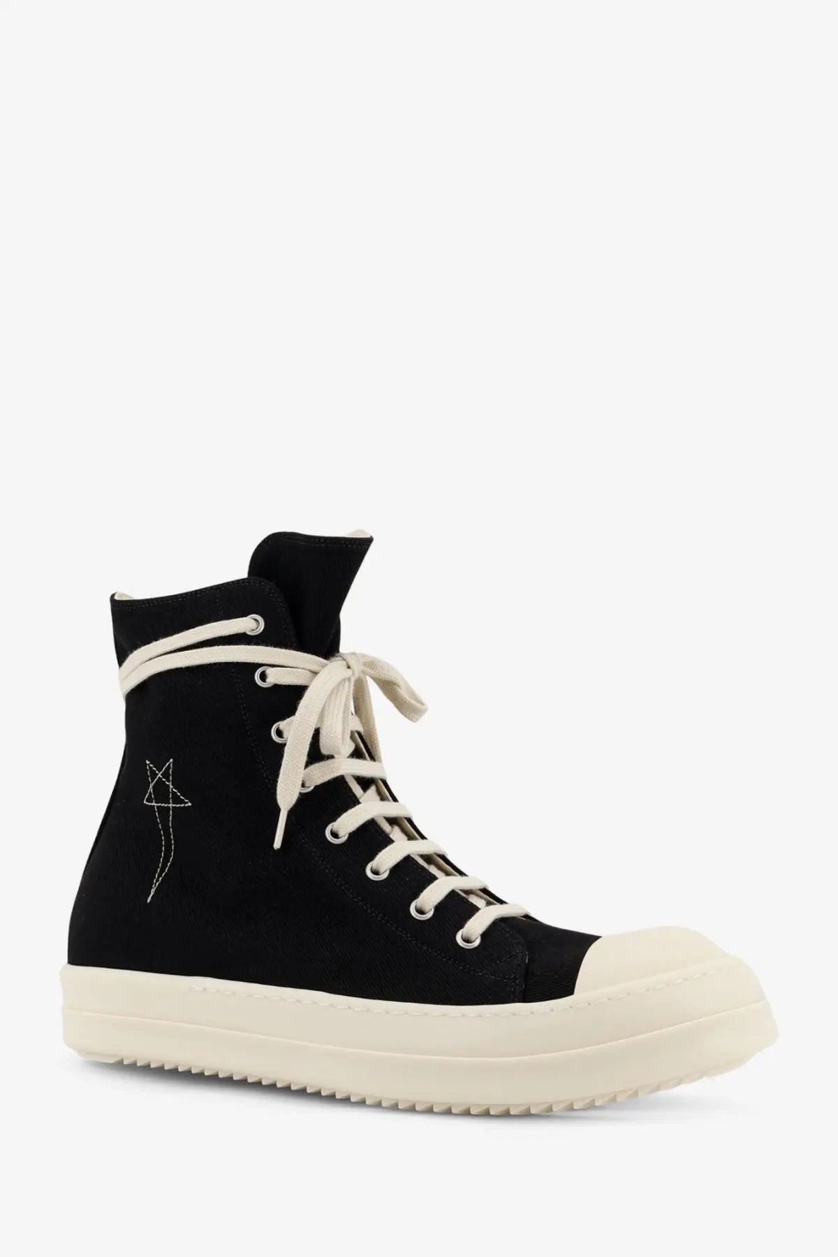 Drkshdw men’s denim sneakers black featuring black high-top canvas design cream laces and white star logo