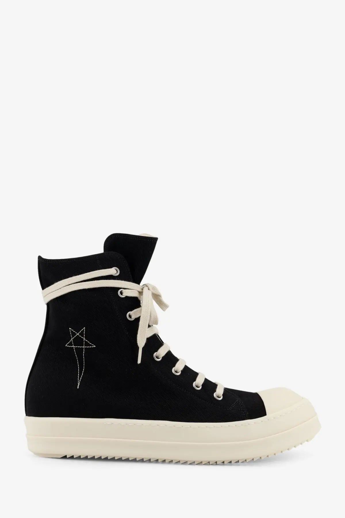 Drkshdw men’s black high-top canvas sneakers with cream laces rubber toe cap sole and white stitched star logo