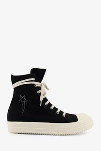 Drkshdw men’s black high-top canvas sneakers with cream laces rubber toe cap sole and white stitched star logo