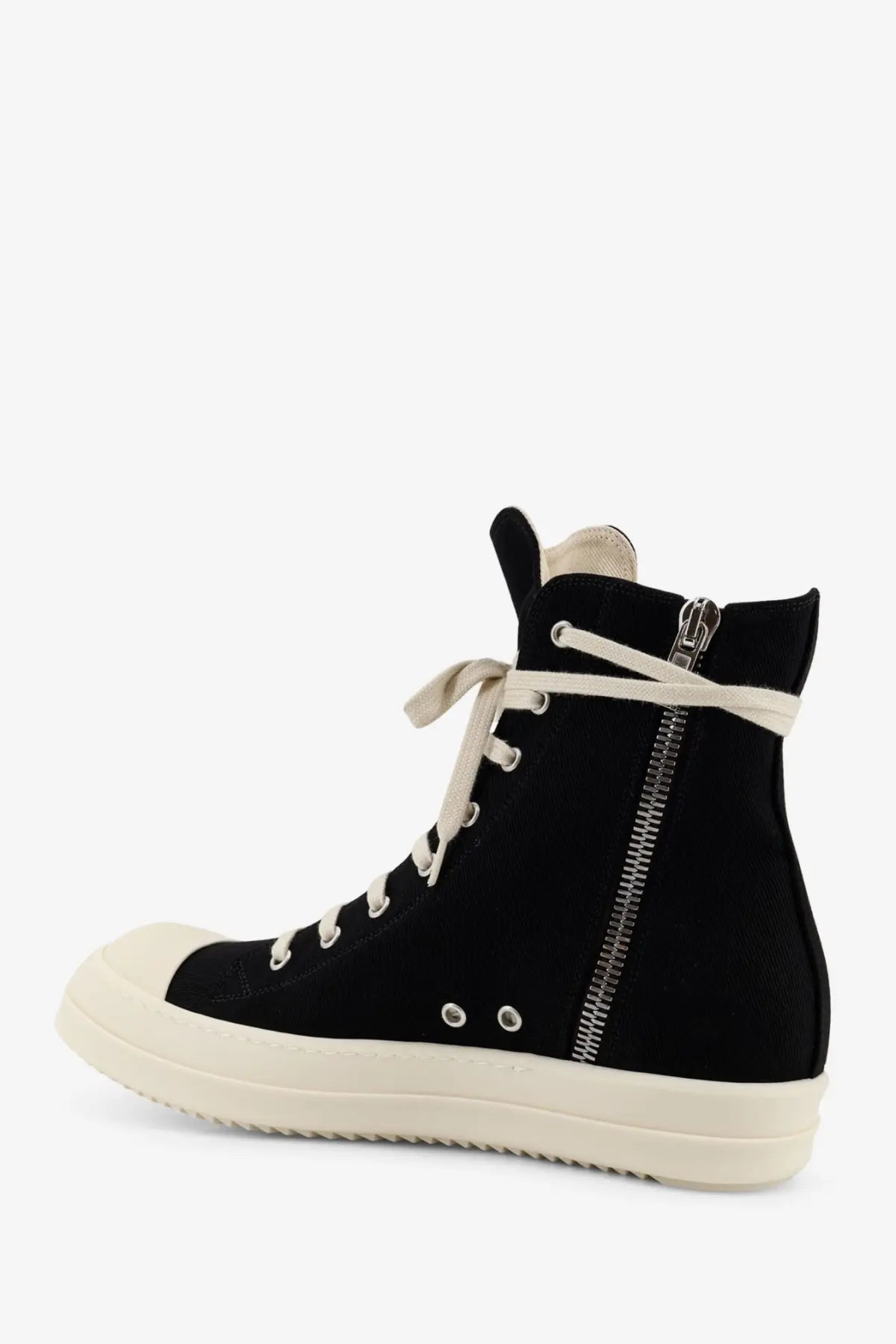 Drkshdw men’s black denim high-top sneaker with cream laces zipper side and matching rubber sole