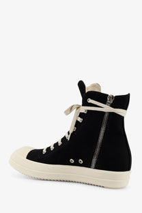 Drkshdw men’s black denim high-top sneaker with cream laces zipper side and matching rubber sole