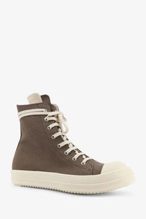 Drkshdw men’s denim sneakers white featuring brown canvas high-top design with cream laces and thick white sole