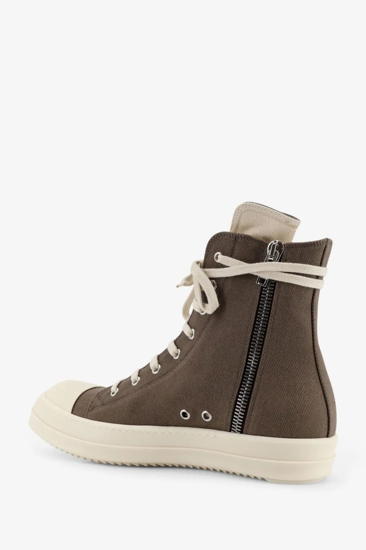 Drkshdw men’s denim sneakers white brown canvas high-top sneaker with cream laces side zipper and rubber sole