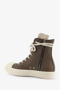 Drkshdw men’s denim sneakers white brown canvas high-top sneaker with cream laces side zipper and rubber sole