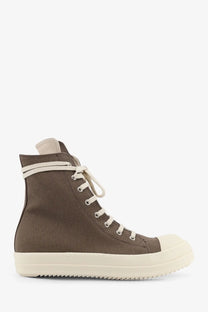 Drkshdw men’s denim sneaker white featuring brown canvas high top with cream laces rubber toe cap and textured sole