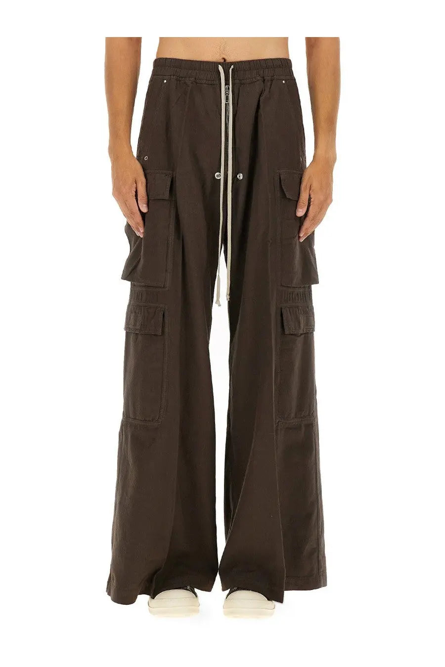 Drkshdw men’s double cargo jumbo belas pants in dark brown with multiple pockets and a drawstring waistband