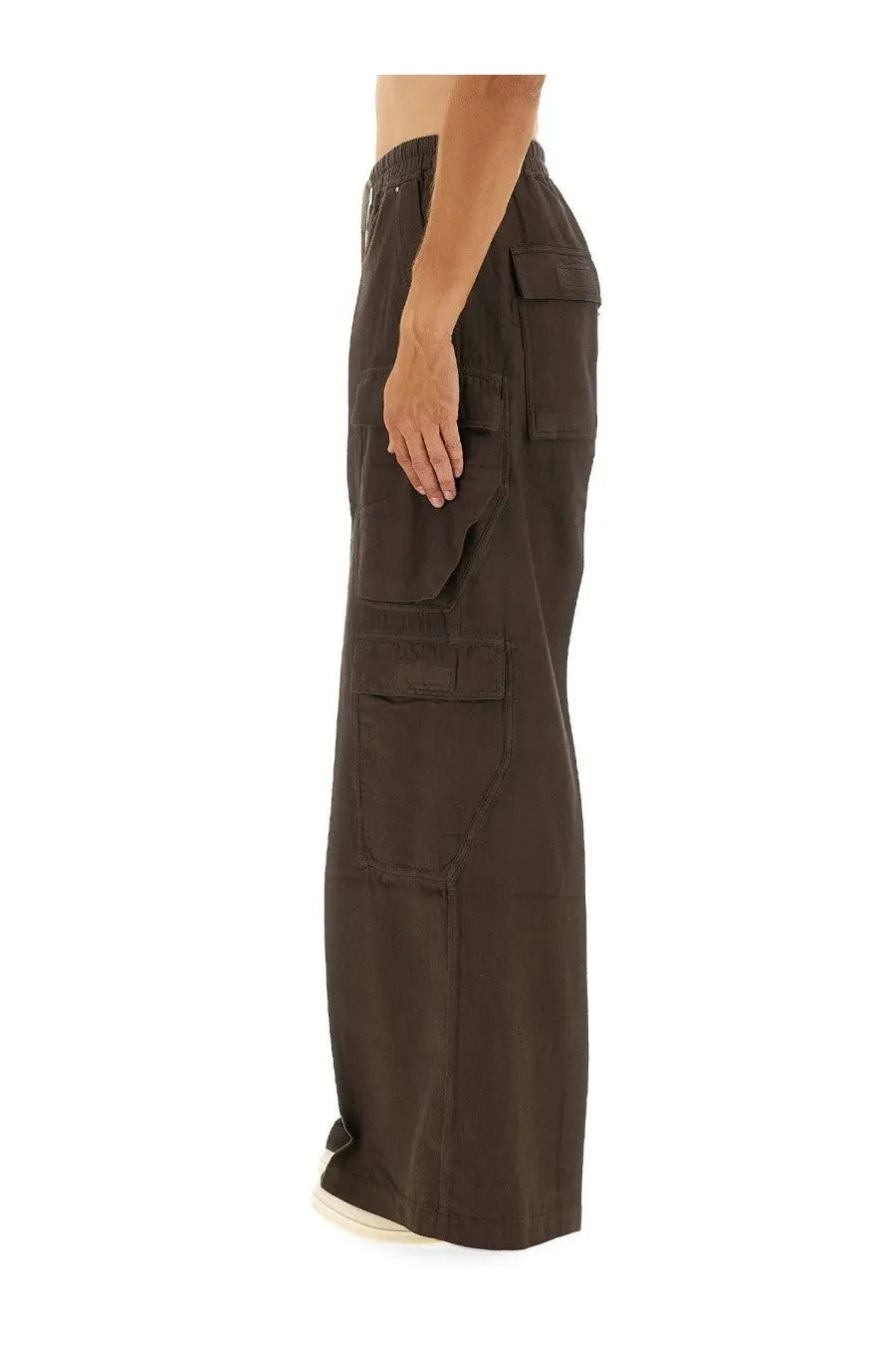 Dark brown drkshdw men’s double cargo jumbo belas pants with multiple large pockets and elastic waistband