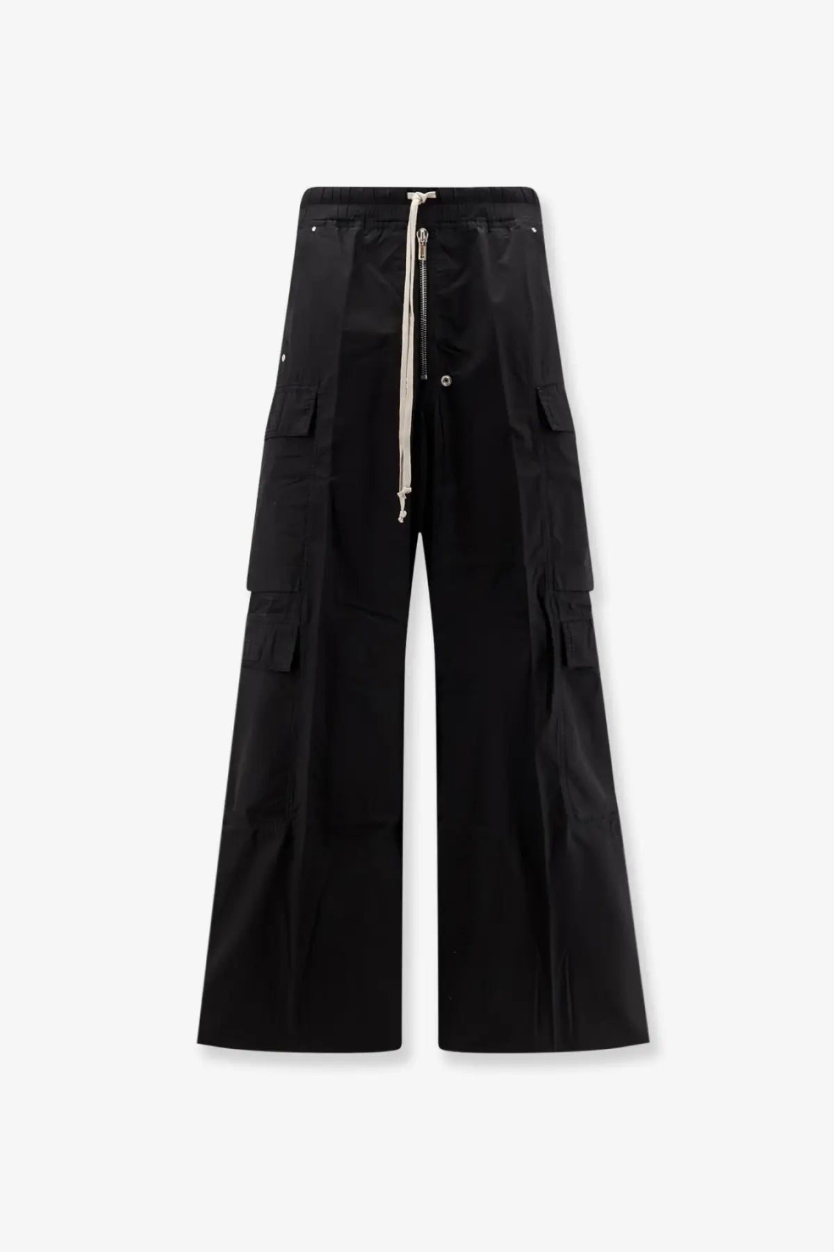Black drkshdw men’s double cargo jumbo belas trousers with drawstring waist and multiple pockets in wide-leg design
