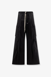 Black drkshdw men’s double cargo jumbo belas trousers with drawstring waist and multiple pockets in wide-leg design