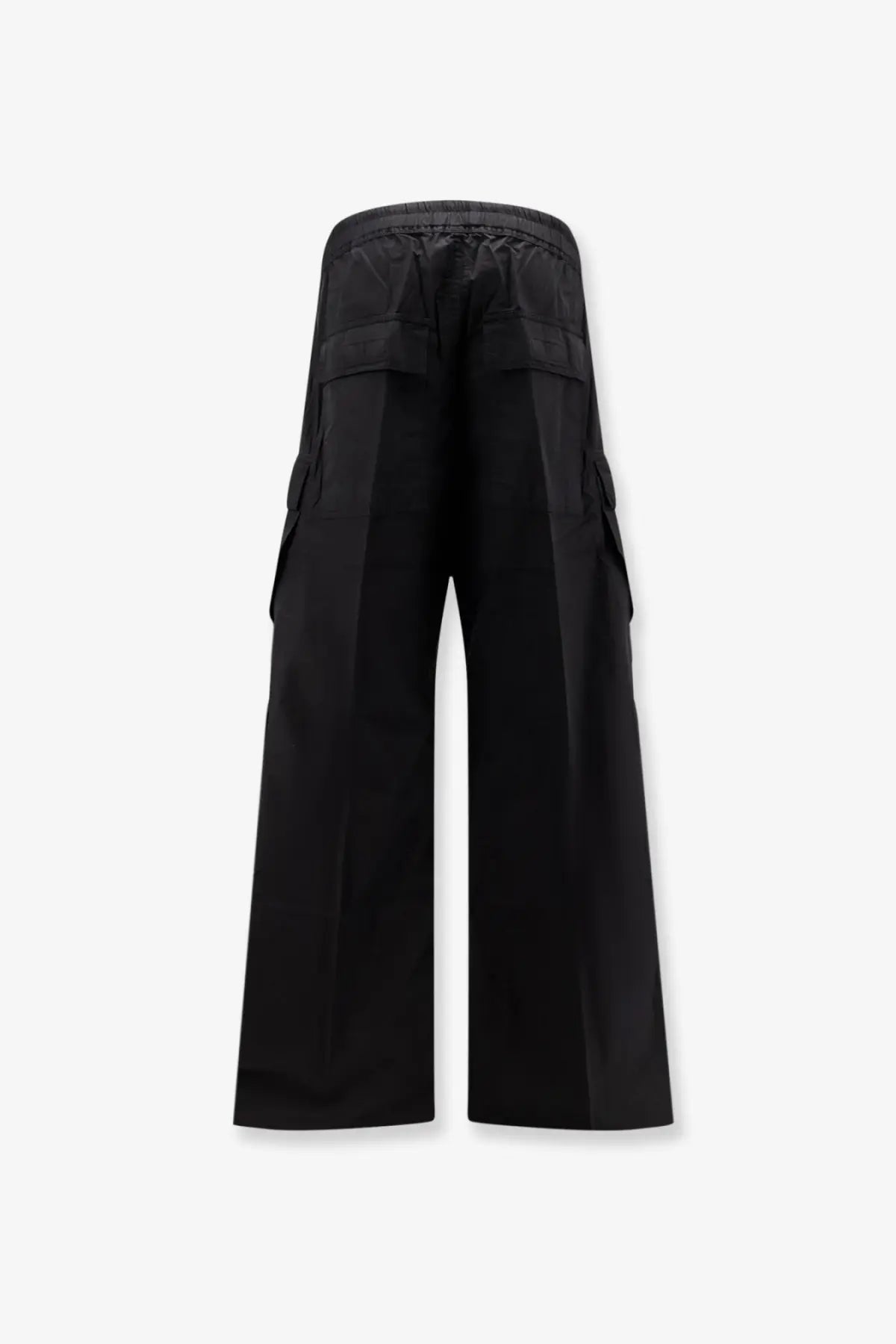 Drkshdw men’s black wide-leg cargo pants with elastic waistband and large side pockets for casual wear