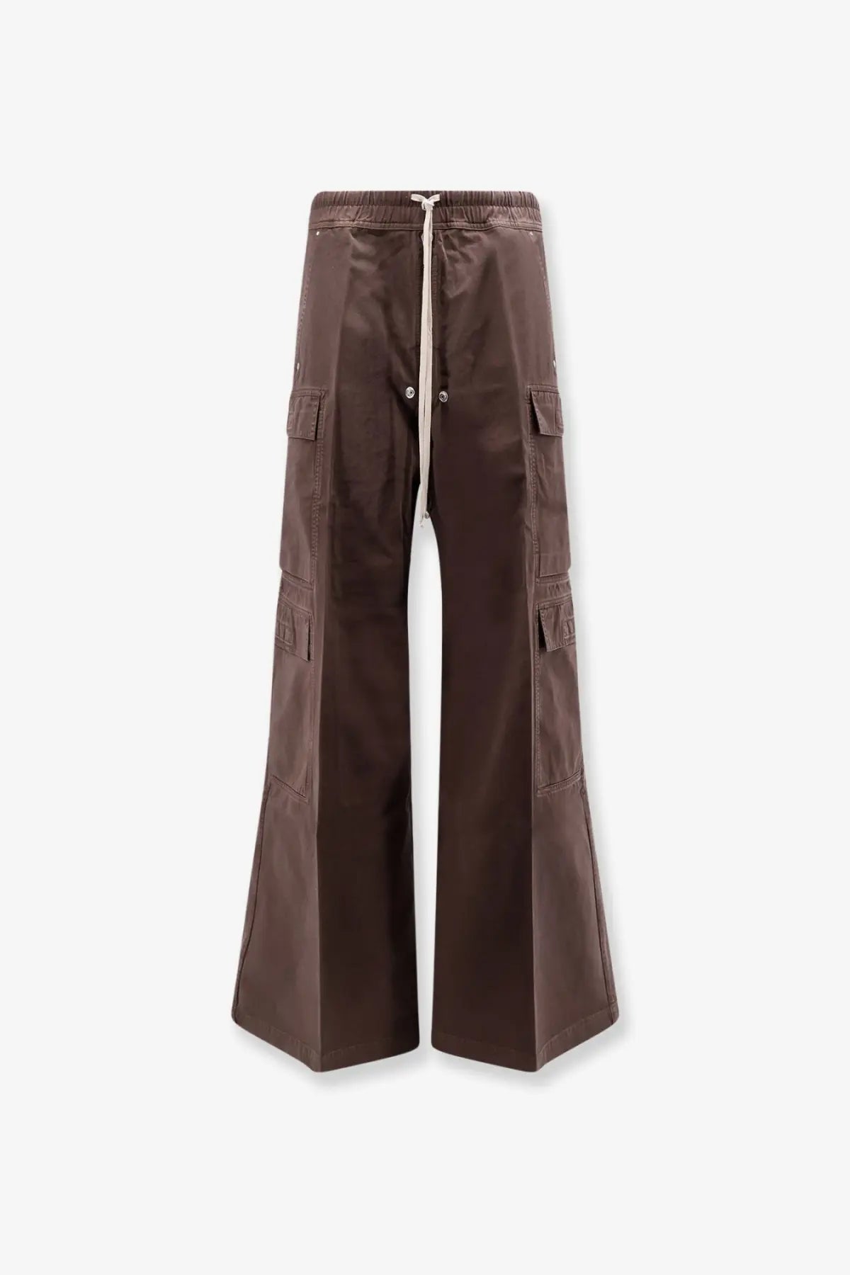 Brown cargo pants with drawstring waist and multiple flap pockets made from organic cotton by drkshdw in grey