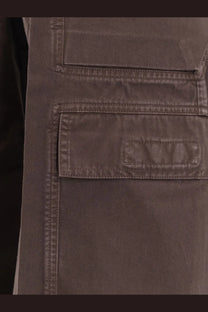 Dark brown denim cargo pants with reinforced stitching and two flap pockets from DRKSHDW men’s organic cotton trousers