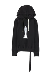 Drkshdw men’s oversized black felpa con cappuccio sweatshirt with white drawstrings and silver sculptural graphic front