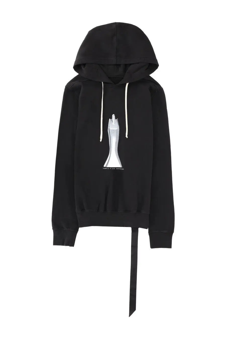 Drkshdw men’s oversize black hooded sweatshirt with white drawstrings, silver sculptural graphic, and long black hem ribbon