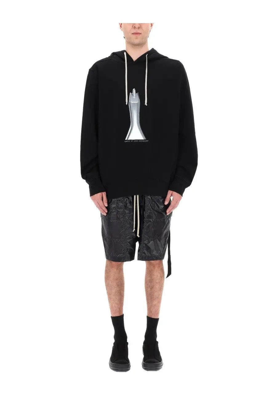 Drkshdw men’s felpa con cappuccio oversize black hoodie with silver abstract sculpture graphic and white drawstrings