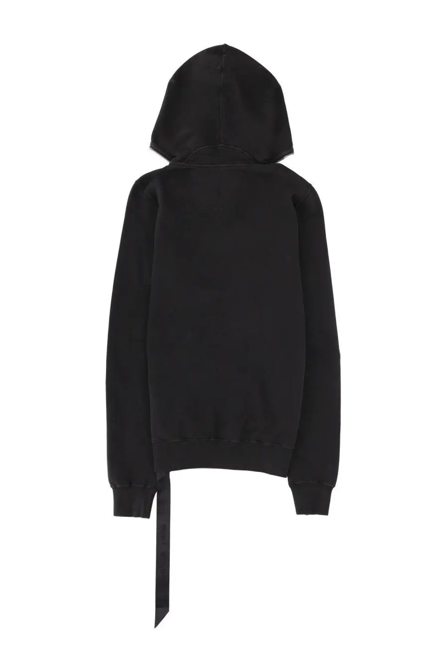 Back side of drkshdw men’s felpa gimp black hooded sweatshirt with ribbed hem and cuffs and long black tie
