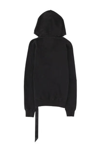 Back side of drkshdw men’s felpa gimp black hooded sweatshirt with ribbed hem and cuffs and long black tie